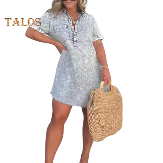 

Женское летнее джинсовое платье с отворотом, V-образным вырезом, рваным подолом, короткими рукавами, трапециевидной формы выше колена, нагрудный карман, свободное однотонное мини-платье для поездок на работу M светло-синий