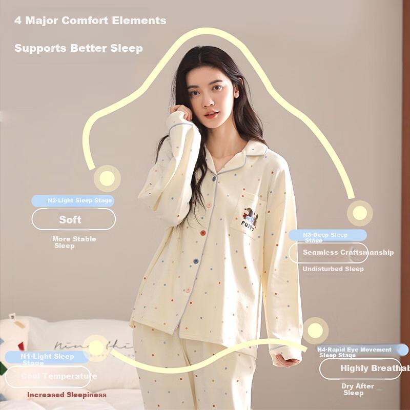 Miiow 100% Cotton Autumn Winter Long Sleeve Cardigan Cute Cartoon Loose Pajama Set