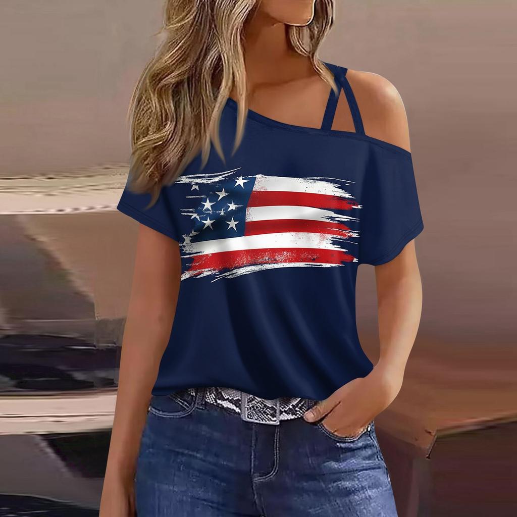 Women's Fashion Casual Independence Day Print Sexy Cold Shoulder Short Sleeve T-shirt Top
