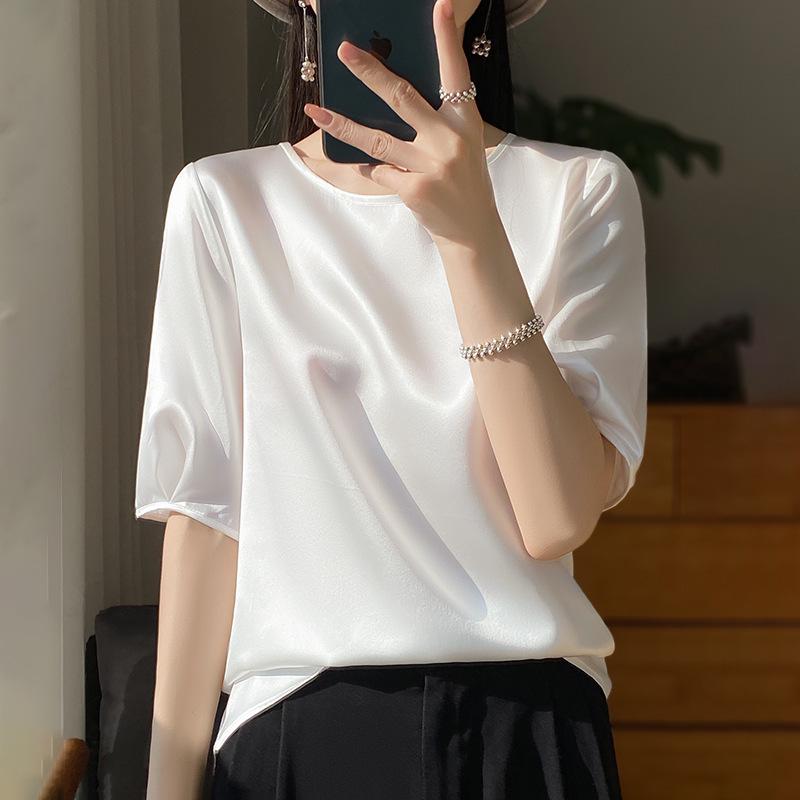 Satin Round Neck Half-Sleeve Loose T-Shirt for Women