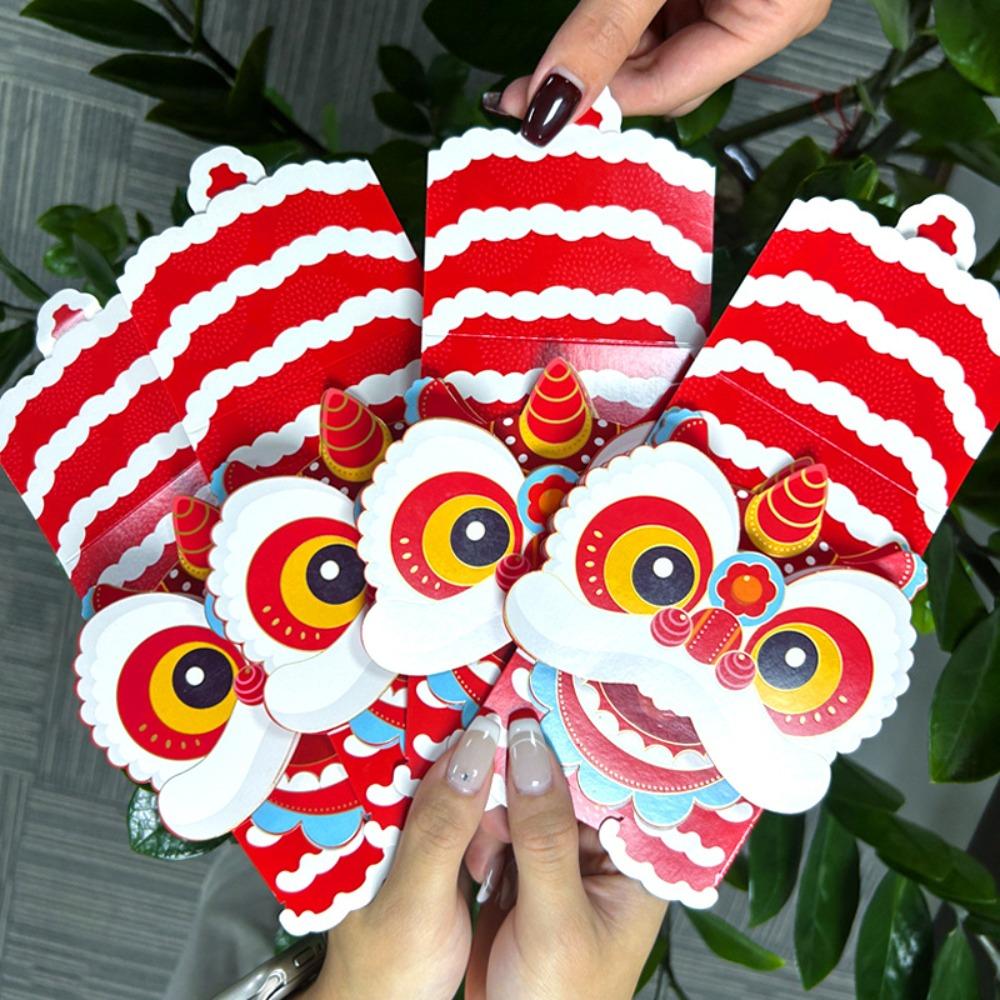 6pcs Hongbao Scratch Card Money Bag Lion Dance Lucky Money Packet Cartoon Red Pocket Birthday