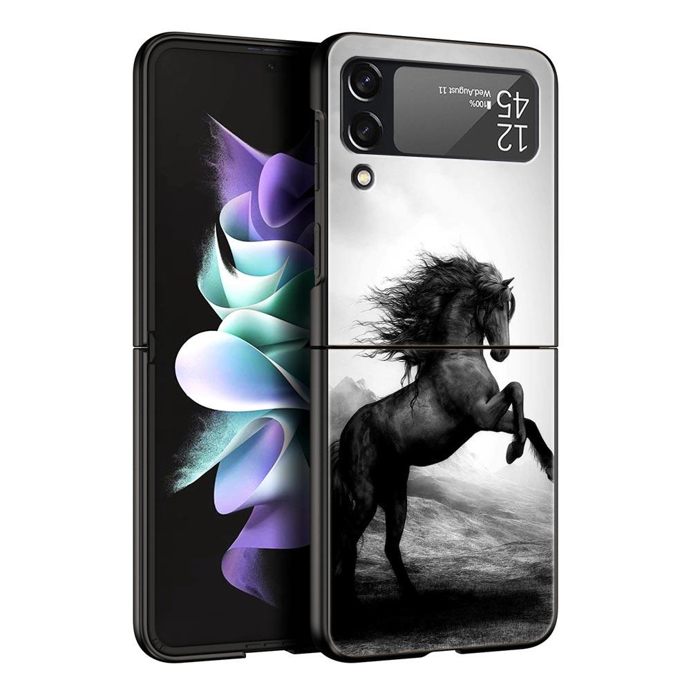 Animal Horse Phone Case For Samsung Galaxy Z Flip 6 5 4 3 Shell For Samsung Z Flip3 Flip4 Flip5 Flip6 Black Hard PC Cover