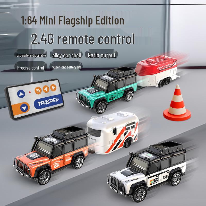 Mini Remote Control Car Toy 2.4G, Adjustable Speed, Lights & Trailer, 1:64 Alloy Simulation Model.