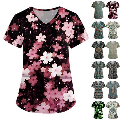 Women's Cute Printed Work Clothes V-neck Double Layer Pockets Basic Short Sleeve Top Pullover Valentines