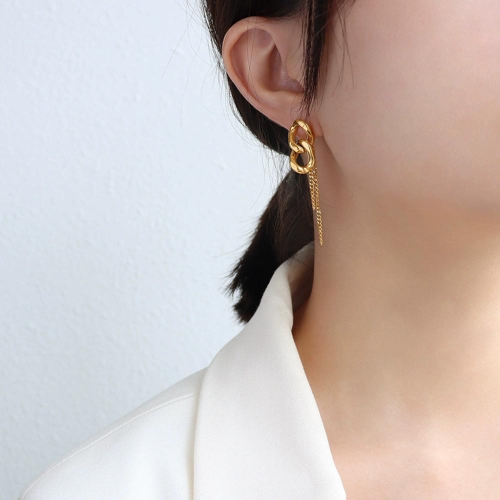 LT-F480 European and American INS Style Chunky Chain Tassel Titanium Steel 18k Gold Earrings Minimalist Style