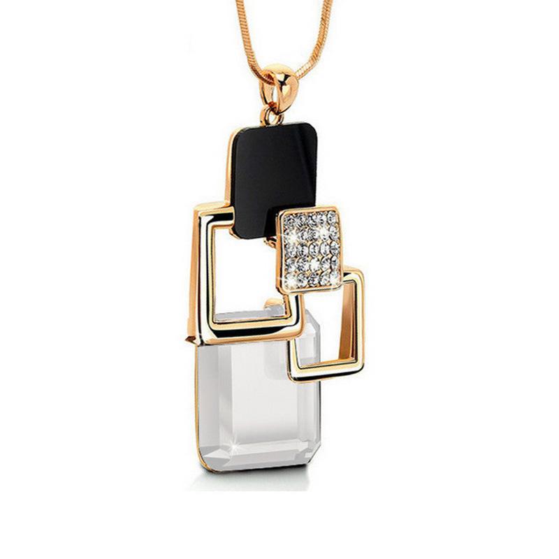 Geometric Crystal Long Sweater Chain Necklace for Women Metal Chain Necklace Fashion Jewelry Gift