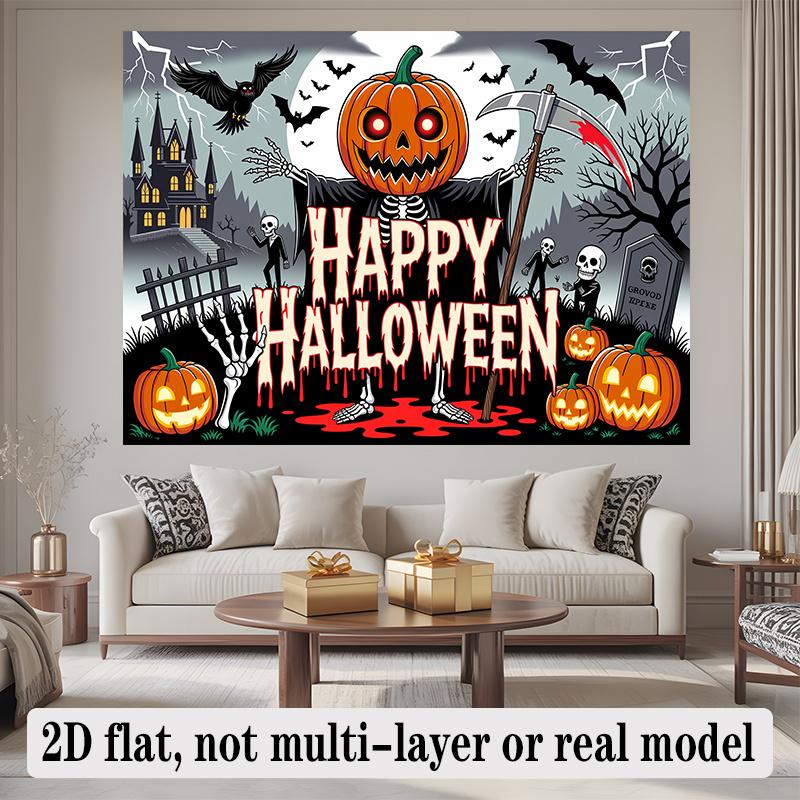 Party Backdrop Halloween Flat Banners Spooky Skeleton Pumpkin Scary Celebrations Wedding Event Backdrop Decoration Front Door Decor