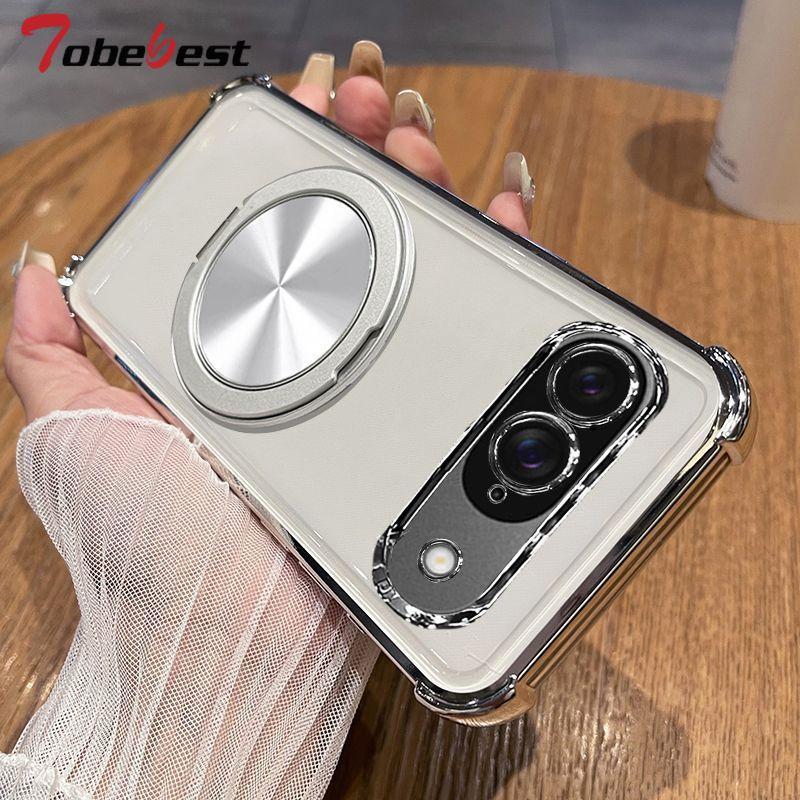 

360 Degree Rotating Magnetic Bracket Phone Case For Google Pixel 9 Pro XL 9A Clear Shockproof Soft Plating Silicone Cover Google Pixel 9a серебряный