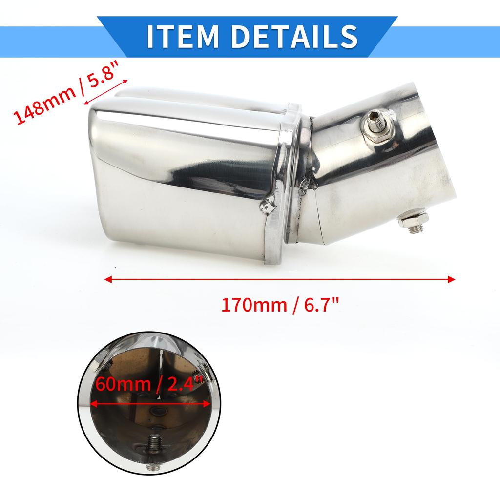 VekAuto Dual Square Exhaust Tip 60 mm Inlet Stainless Steel Silver, Slant Cut, Length 170 mm