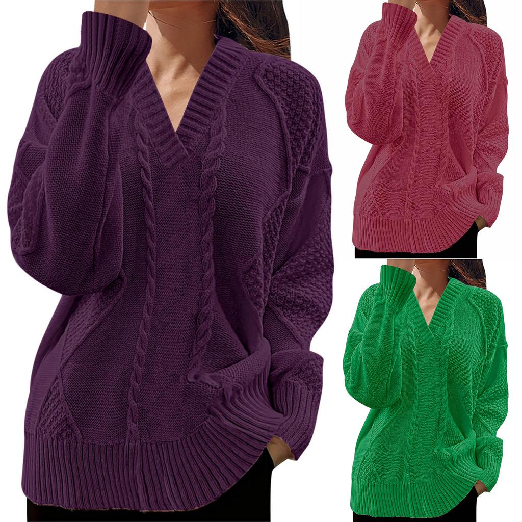Women's Fashion Casual V-neck Twill Knitted Sweater Long-sleeve Top