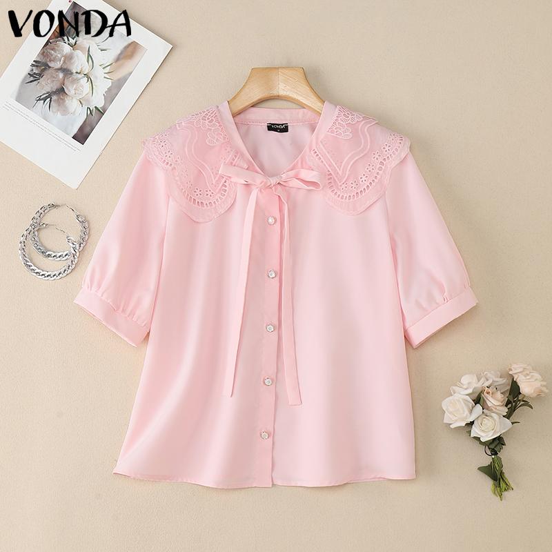 

VONDA Women Lace Doll Collar Short Sleeve Buttons Up Casual Tops Blouse 5XL розовый