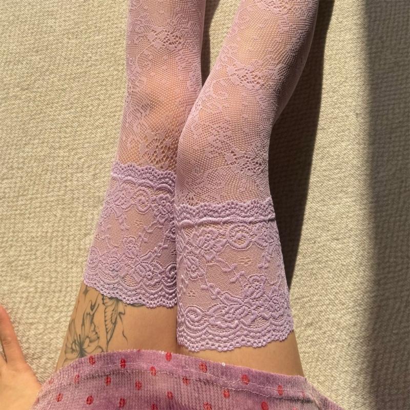 Stylish Long Boot Socks with Full Flower Lace Design for Women Sheer Colorful Fishnet Thigh High Over the Knee Stockings