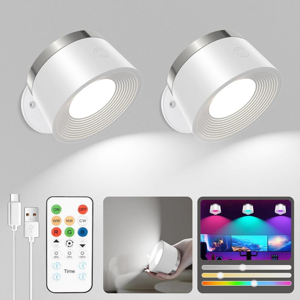 Set of 2 LED Bracket Wall Mounted Light with Remote 3 Color Temperatures and 13 RGB and Dimmable Magnetic Free Rotation LED Magnetic Wall Light No