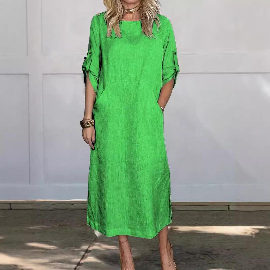 2024 Fall/Winter Women's Cotton Linen Solid Color Casual Round Neck Long Dress with Double Side Pockets