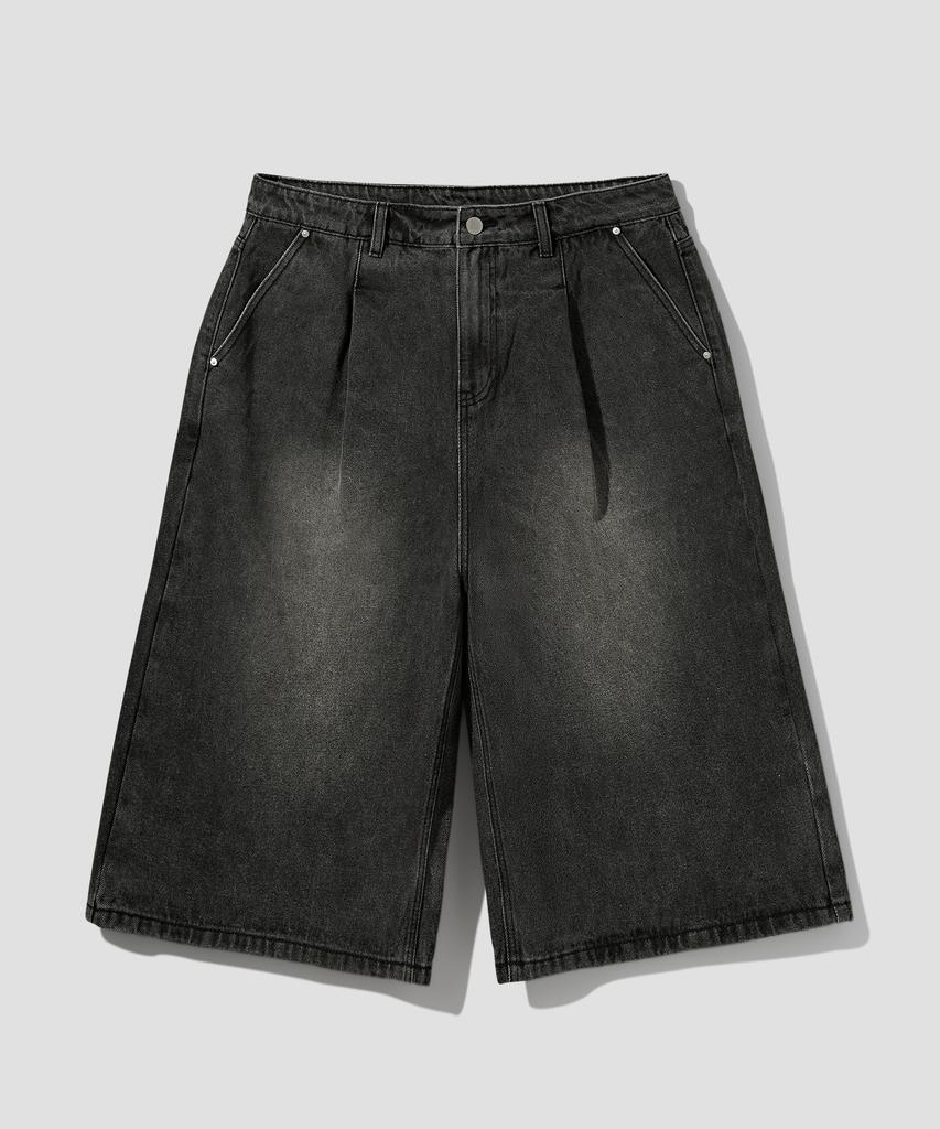 AGOD One-Pleat Wide Slub Washed Denim Bermuda Shorts [Dust Black]