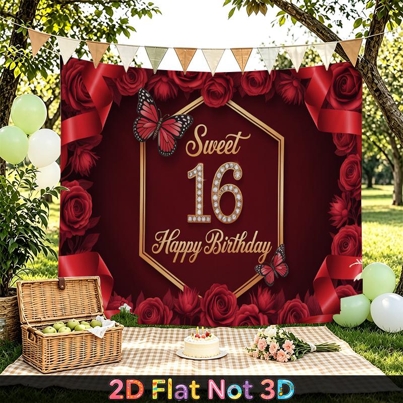 1pc Birthday 16th Rose Floral Luxury Party Banner Red