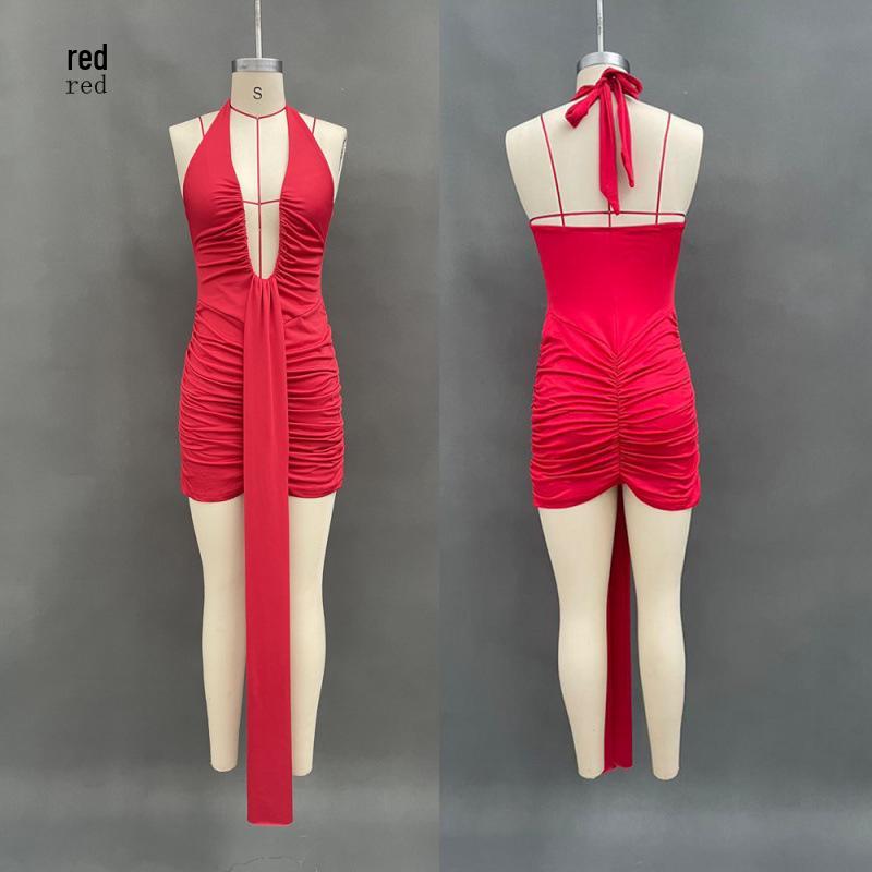 

2025 Summer Halter Deep V Mini Dress with Open Back & Pleats M