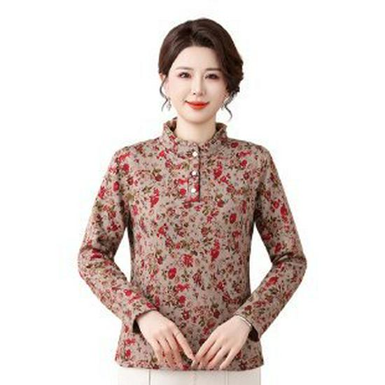 Stylish Patterned Autumn/Winter Shirts for Middle-Aged & Elderly Women - Loose Fit, Belly-Covering, Plus Size Base Layer.