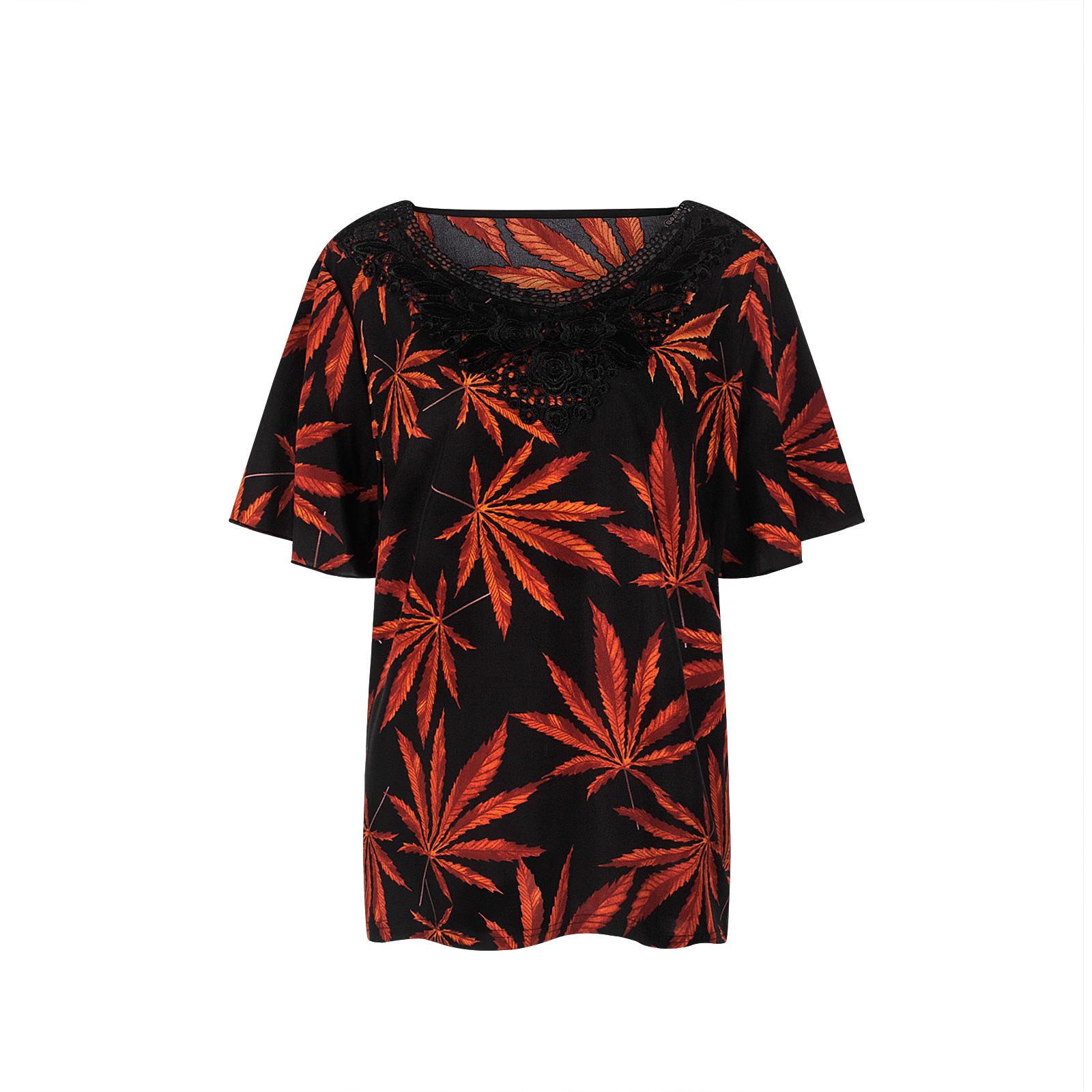 

Женская футболка с короткими рукавами, кружевная лоскутная повседневная вечерняя футболка с тропическим принтом, женские праздничные топы больших размеров