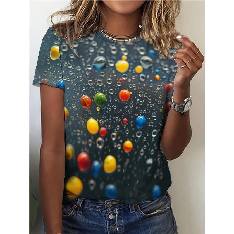 Water Droplet Printed Casual T-shirt Round Neck Short Sleeved T-shirt for Spring Summer Seasons Shirt