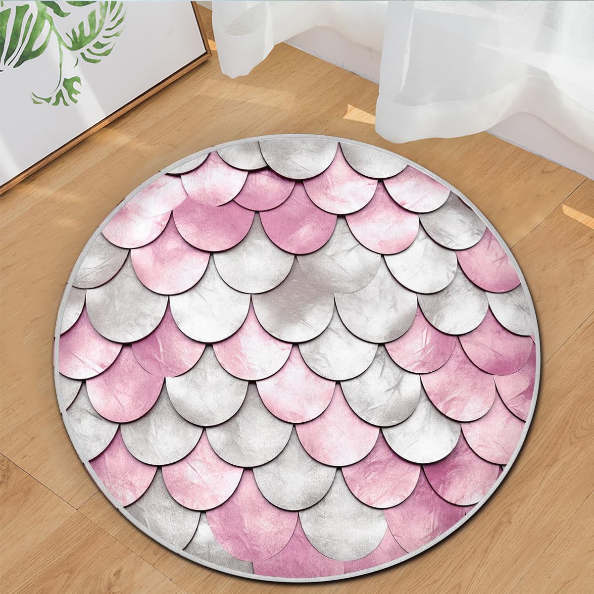 

Pink Mermaid Scale Round Rug, T Non-Slip Machine Washable Soft Carpet for Kids Nursery, Bedroom, Living Room Decor Diameter 60cm
