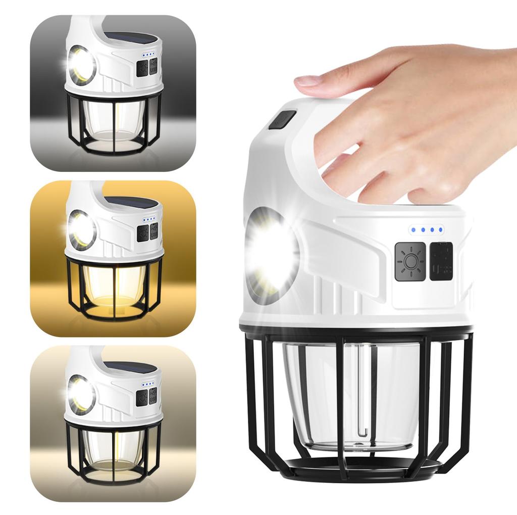 Multi-purpose LED lantern, camping lantern with 4000mAh high-capacity battery, USB rechargeable, solar charging, power indicator, IP65 waterproof, out
