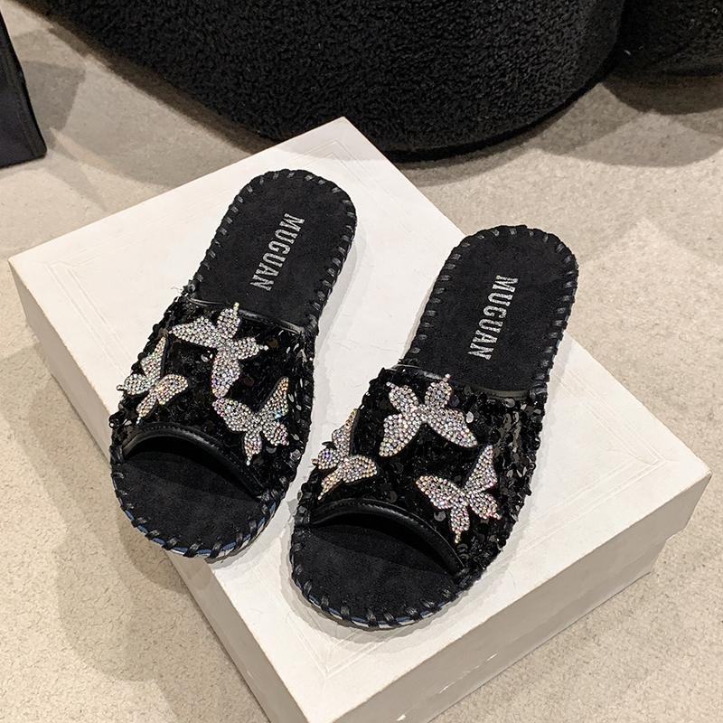 Fashion Aphixta Bling Butterfly Slippers Woman Shoes For Summer Outdoor Luxury Slides Gold Sequine Upper Sewing Slides chanclas de mujer