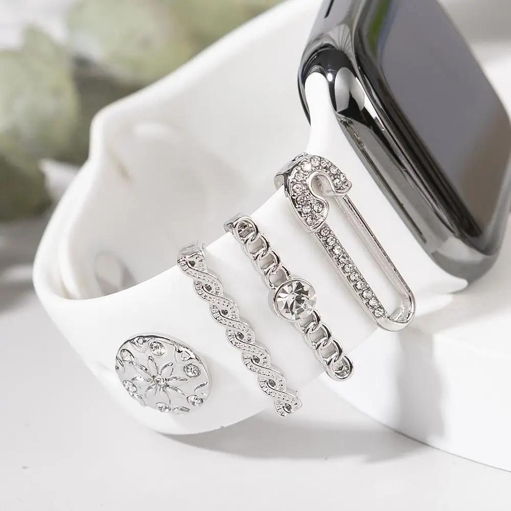 4Pcs Watch Band Ornament for Apple Watch Band Fashion Flower Heart-shaped Decor Ring for Iwatch Strap Accessory Wristbelt Charms