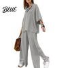 Comfortable Polyester Outfit Women's Two-Piece Oversized 3/4 Sleeve Pullover Top And Autumn Fashion Set Wide Leg Pants Fall Casual Loose Lounge