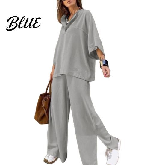 Comfortable Polyester Outfit Women's Two-Piece Oversized 3/4 Sleeve Pullover Top And Autumn Fashion Set Wide Leg Pants Fall Casual Loose Lounge