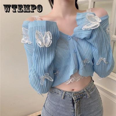 Butterfly Knit Cardigans Women Sexy V-Neck Fitness Crop Tops Ladies Summer Thin Long Sleeved Sunscreen Jackets