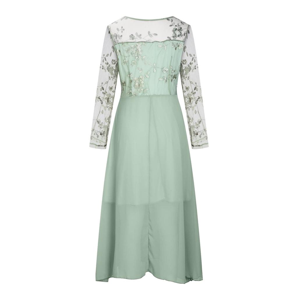 Women's Dress Chiffon Elegant Lace Patchwork Dress Cut-out Long Dress Long Sleeve Bridesmaid Evening Dress