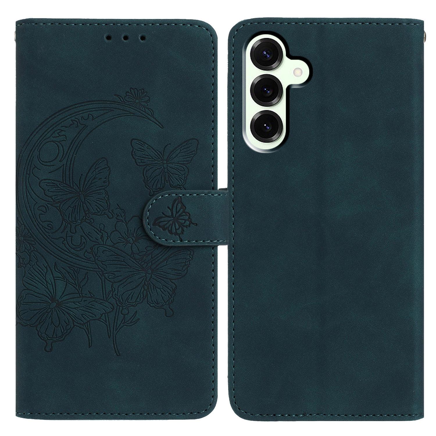 

For Samsung Galaxy S25+ Case Butterfly Flower Imprinted PU Leather Wallet Stand Phone Cover Green