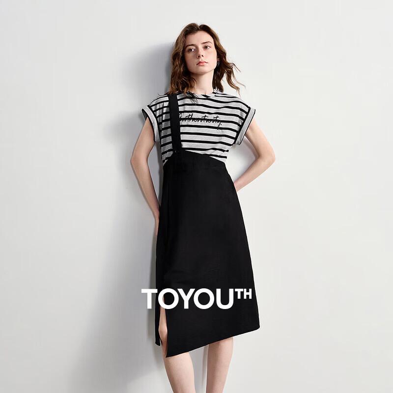 Chuyu Women s Striped Faux Two-Piece Embroidered T-Shirt Dress L