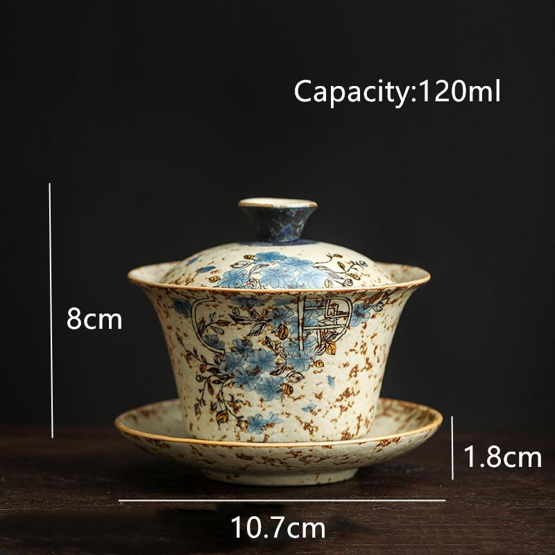 Chinese Retro Handmade Ceramic Gaiwan Hand-painted Flowers Pattern Teacup Household Travel Tea Bowl Portable Teaware Accessories
