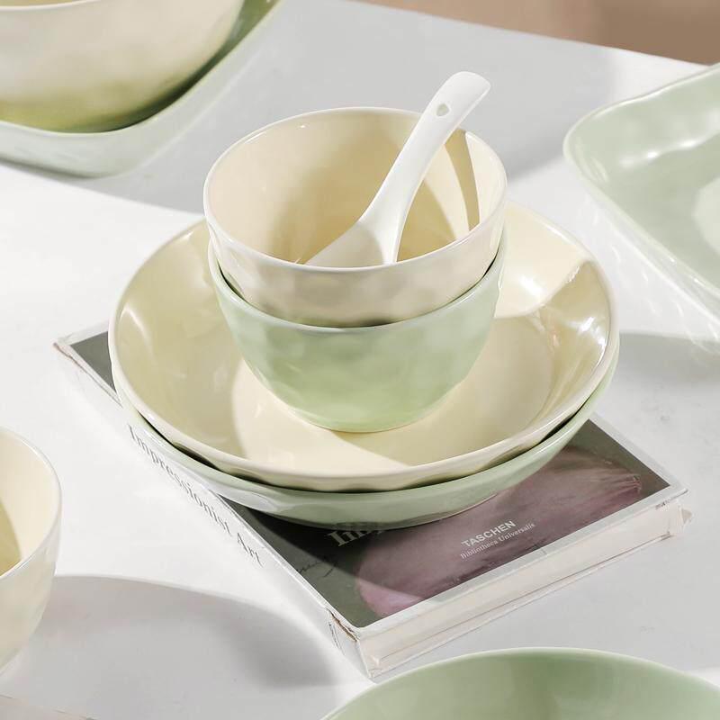 Simple Solid Color Dishware Set: Milk White & Green, Includes Rice Bowls, Plates, Serving Plates & Soup Bowls, for 4-10 People Dining.