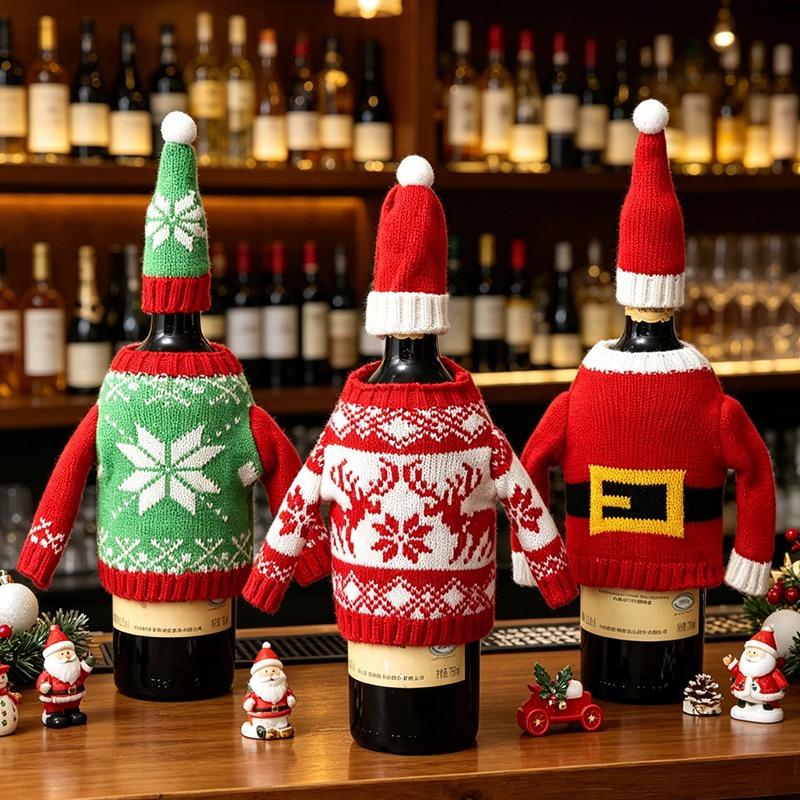 Christmas Wine Set Wool Knitting Ornament Snowflake Wine Bottle Set Restaurant Dress Up Festive Scene Arrangement