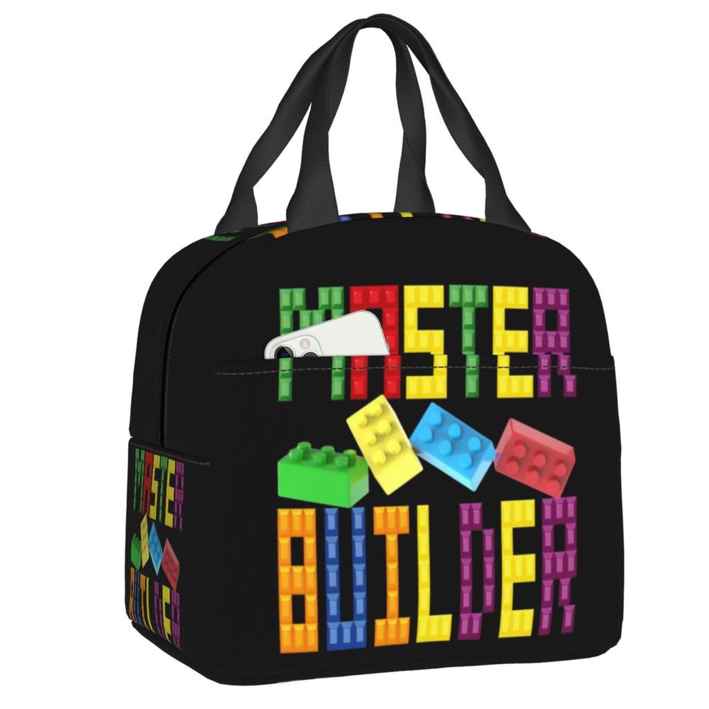 Custom Brick Builder Blocks Master Builder Insulated Lunch Tote Bag for Women Resuable Cooler Thermal Food Lunch Box Children