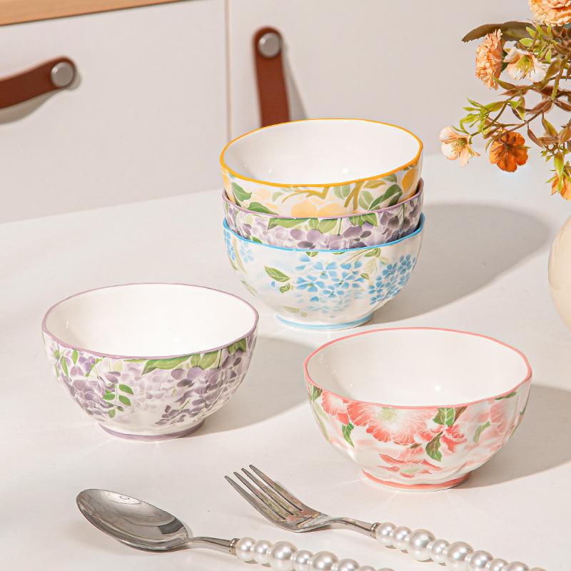 Janpanese Style Ceramic Rice Bowl Home Kitchen Noodle Ramen Dinnerware Bowls Flower Printing Fruit Bowls Beautiful Tableware