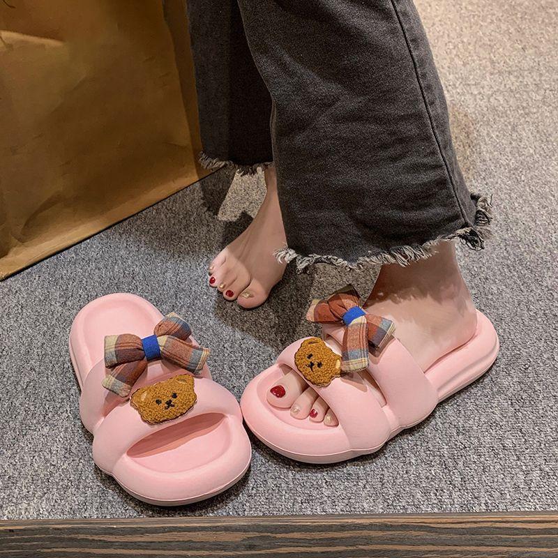 Cute bow one-word slippers for women 2025 new girl heart flat bottom stepping on shit feeling versatile home half slippers for women