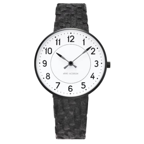 ARNE JACOBSEN x mina perhonen 34mm Scandinavian design watch with land puzzle strap, STATION 53411-1686BP, white and dark gray