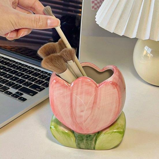 Ceramic Flower Pen Holder Cute Desk Office Storage Box Stationery Shelf Multifunctional Aesthetic Desktop Organizer for Makeup Tools Rulers Brushes