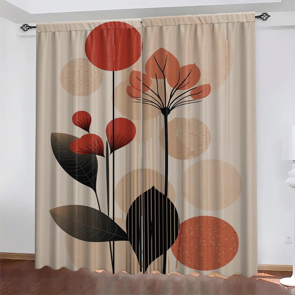 2 Stück Geometrische Blätter Vorhänge mit Landschaftshintergrund und Stangentasche, für Küche, Café, Wohnzimmer, Balkon