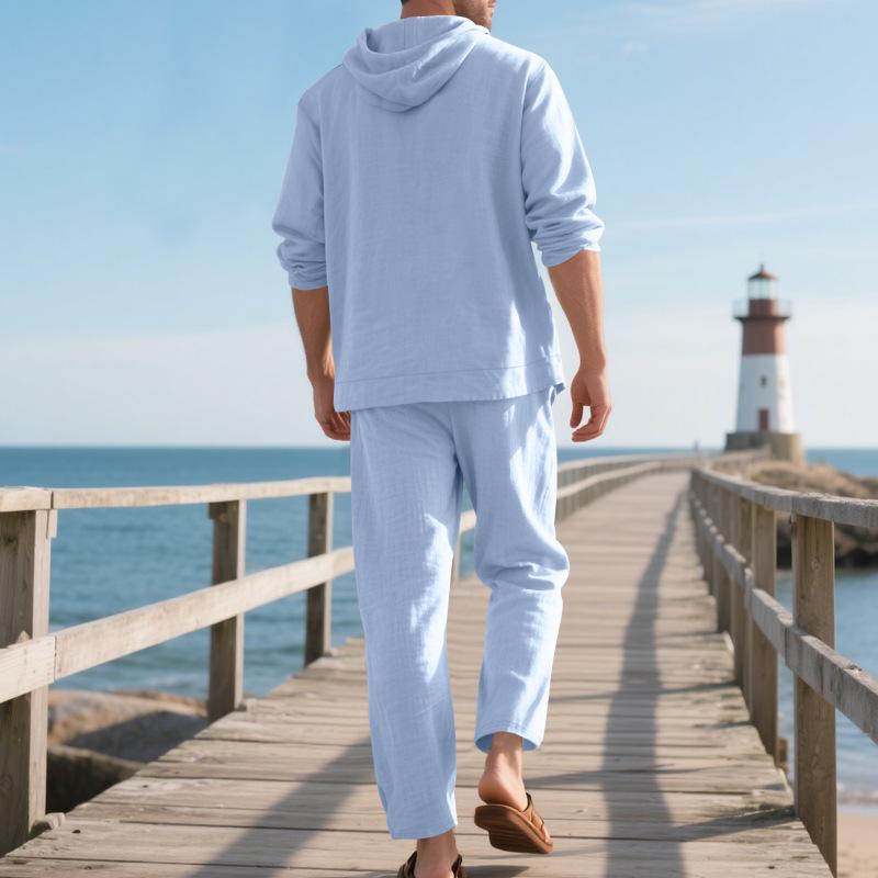 Men's Linen Long Sleeve Hooded Shirt and Pants Casual Beach Set