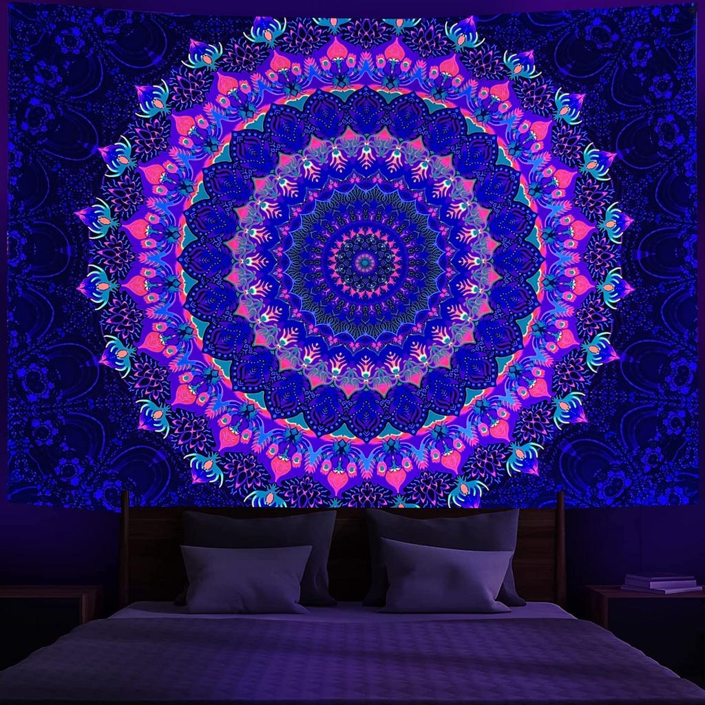 VIKAMA Fluorescent Mandala Tapestry with Neon Bohemian Patterns for Bedroom Living Room Decor Aesthetic Wall Art