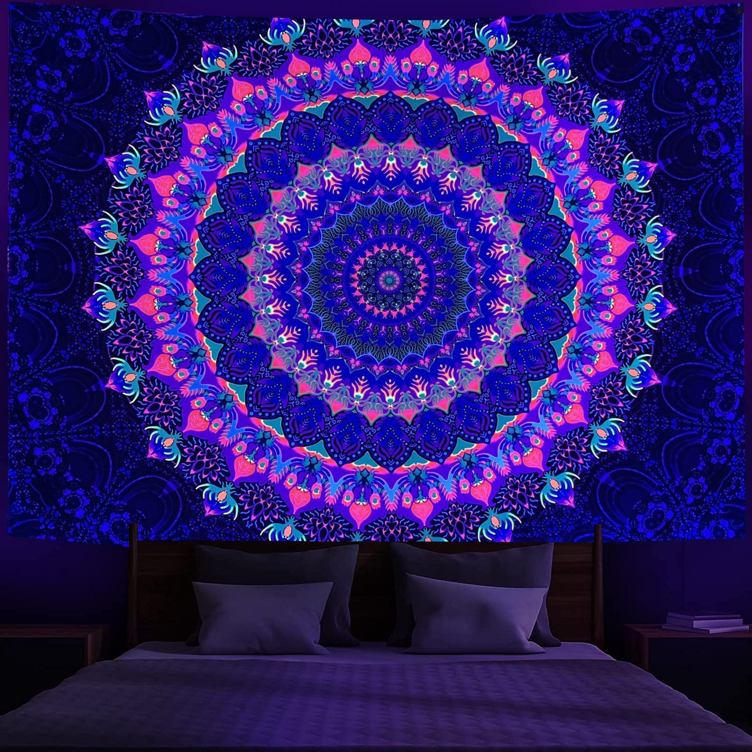 

VIKAMA Fluorescent Mandala Tapestry with Neon Bohemian Patterns for Bedroom Living Room Decor Aesthetic Wall Art 74x94cm(29x37in)