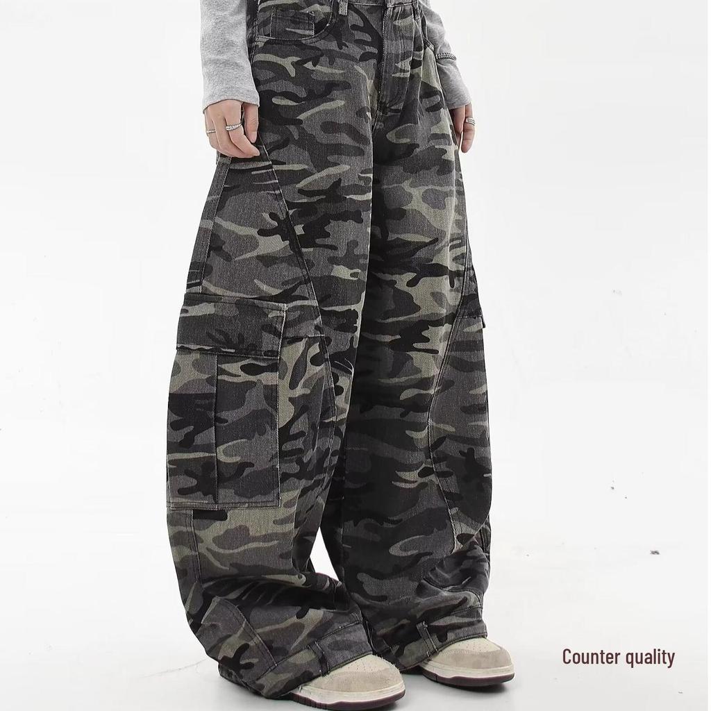 Unisex American Retro Camouflage Cargo Pants, Spring/Autumn 2024, Loose Fit, Multi-Pocket, Washed Style