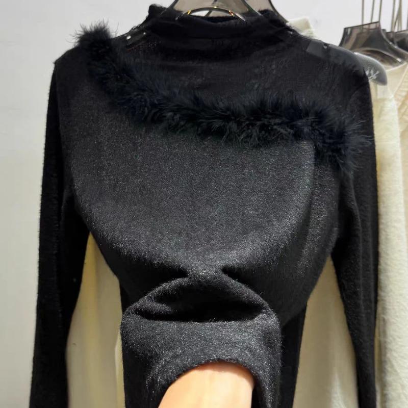 Autumn Women's White Fuzzy Knit Top Lace Panel Feather Trim Mock Neck Long Sleeve Tees Blouse T-Shirts