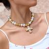 Zinc Alloy Imitation Pearl Handmade Bead Collarbone Chain Versatile Inlaid with Imitation Pearl Cross Pendant Necklace for Daily