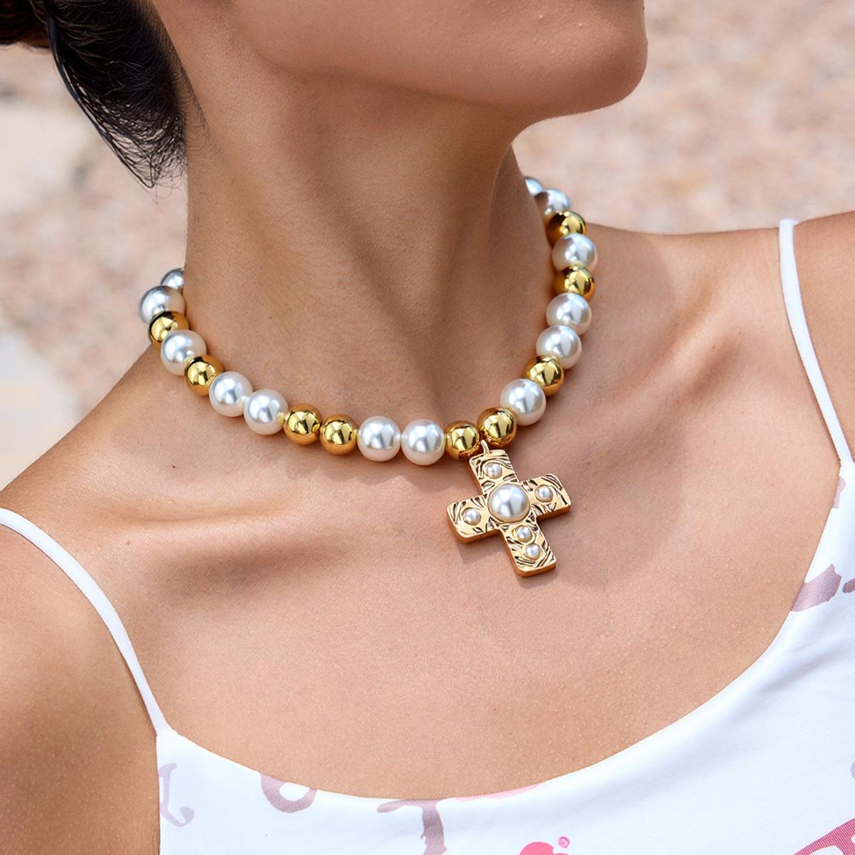 Zinc Alloy Imitation Pearl Handmade Bead Collarbone Chain Versatile Inlaid with Imitation Pearl Cross Pendant Necklace for Daily N-1892
